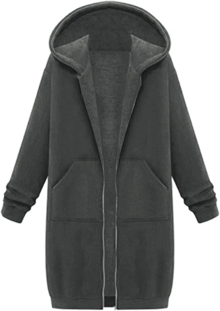 JOFOW zip up hoodie women long jackets for women trendy Casual Drawstring Fleece Sweatshirt Oversized Jackets Coat