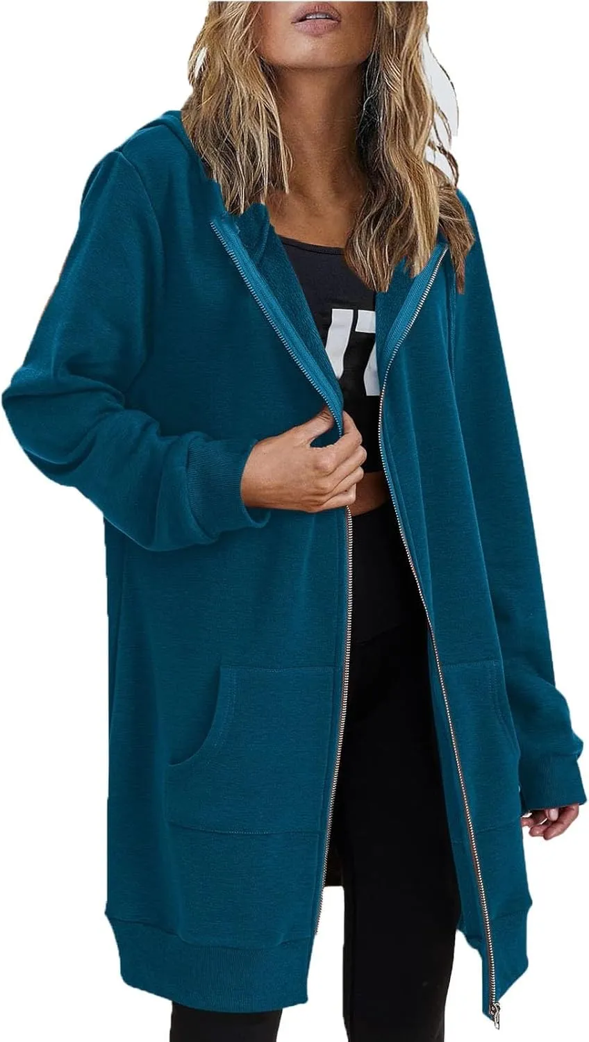 JOFOW zip up hoodie women long jackets for women trendy Casual Drawstring Fleece Sweatshirt Oversized Jackets Coat