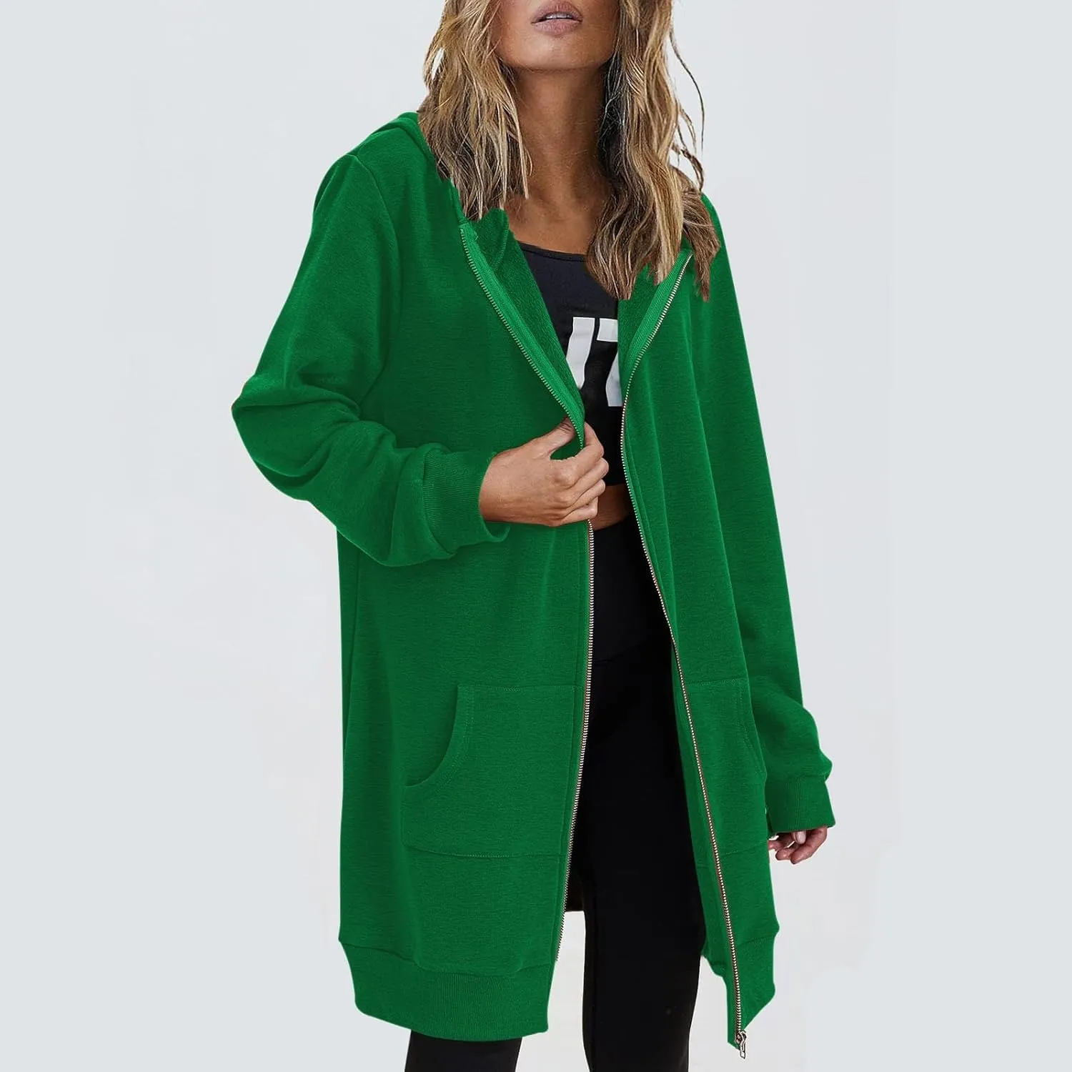 JOFOW zip up hoodie women long jackets for women trendy Casual Drawstring Fleece Sweatshirt Oversized Jackets Coat