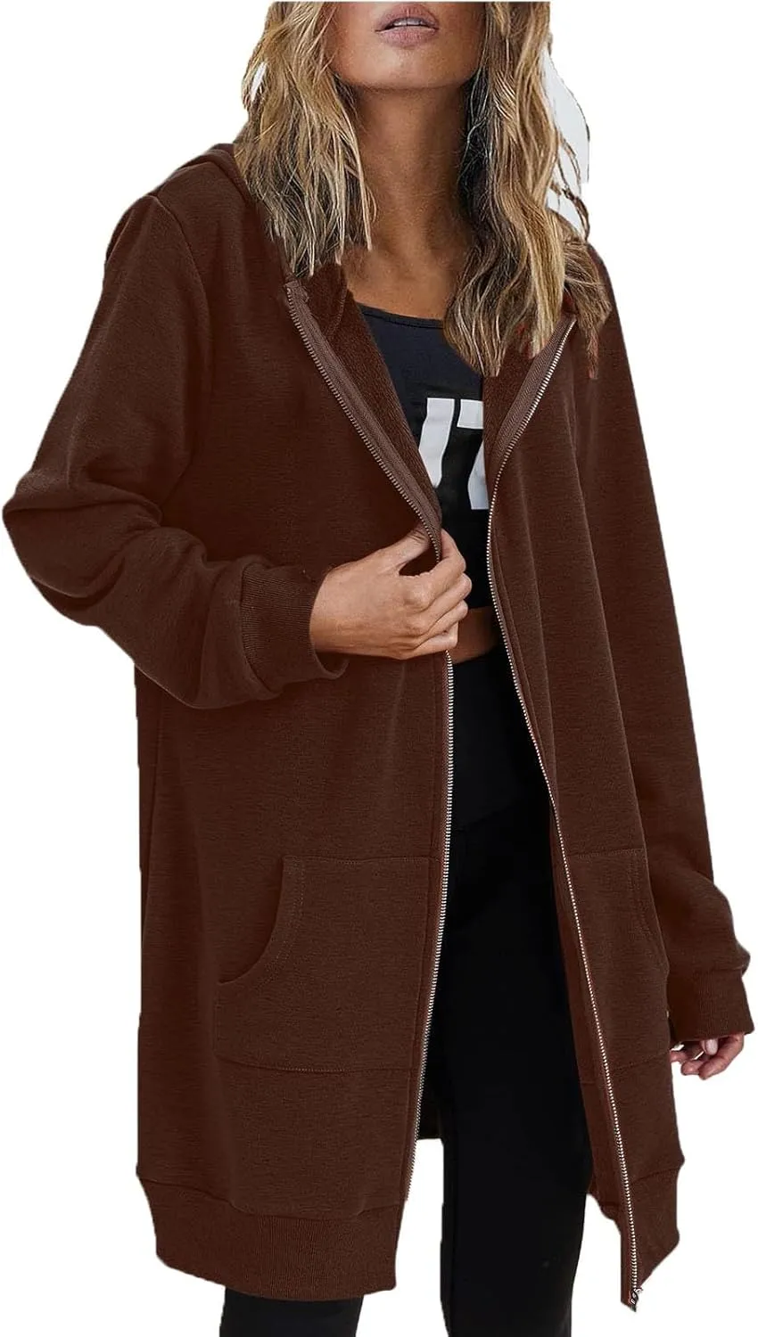 JOFOW zip up hoodie women long jackets for women trendy Casual Drawstring Fleece Sweatshirt Oversized Jackets Coat