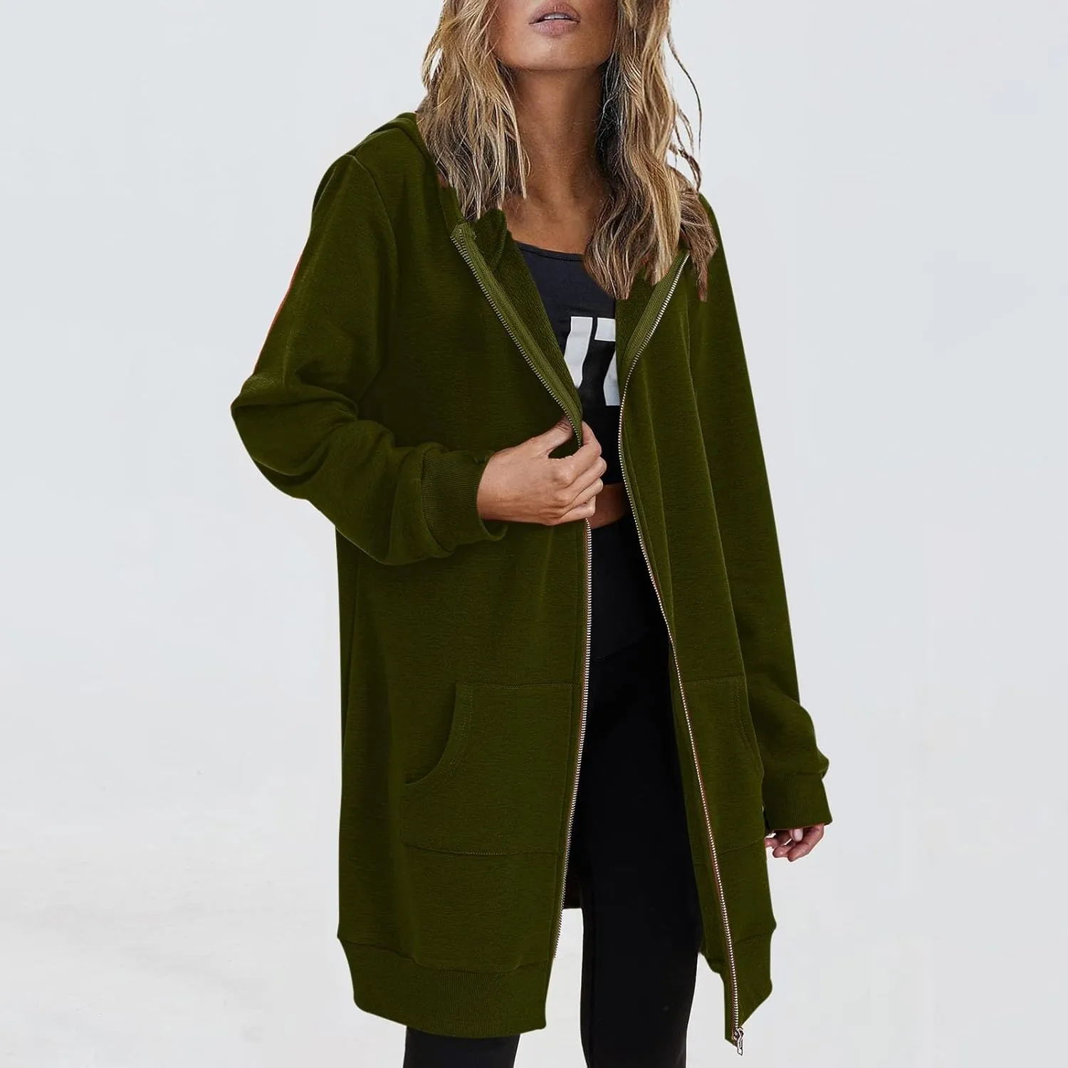 JOFOW zip up hoodie women long jackets for women trendy Casual Drawstring Fleece Sweatshirt Oversized Jackets Coat