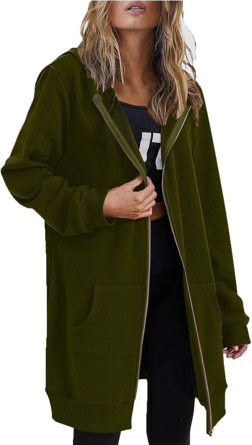 JOFOW zip up hoodie women long jackets for women trendy Casual Drawstring Fleece Sweatshirt Oversized Jackets Coat