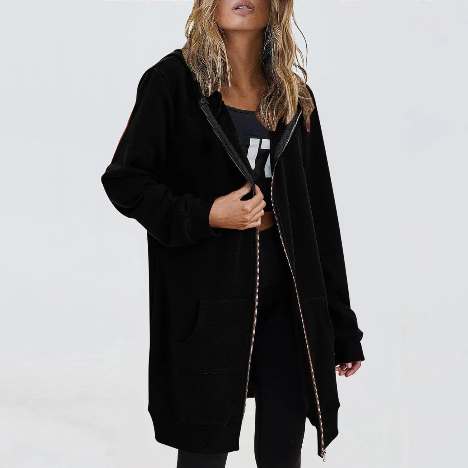 JOFOW zip up hoodie women long jackets for women trendy Casual Drawstring Fleece Sweatshirt Oversized Jackets Coat