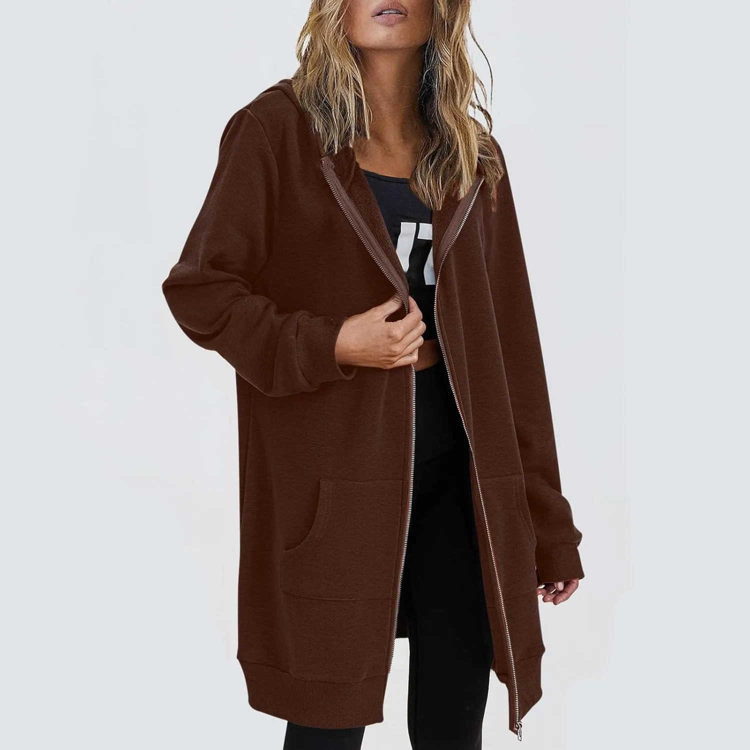 JOFOW zip up hoodie women long jackets for women trendy Casual Drawstring Fleece Sweatshirt Oversized Jackets Coat