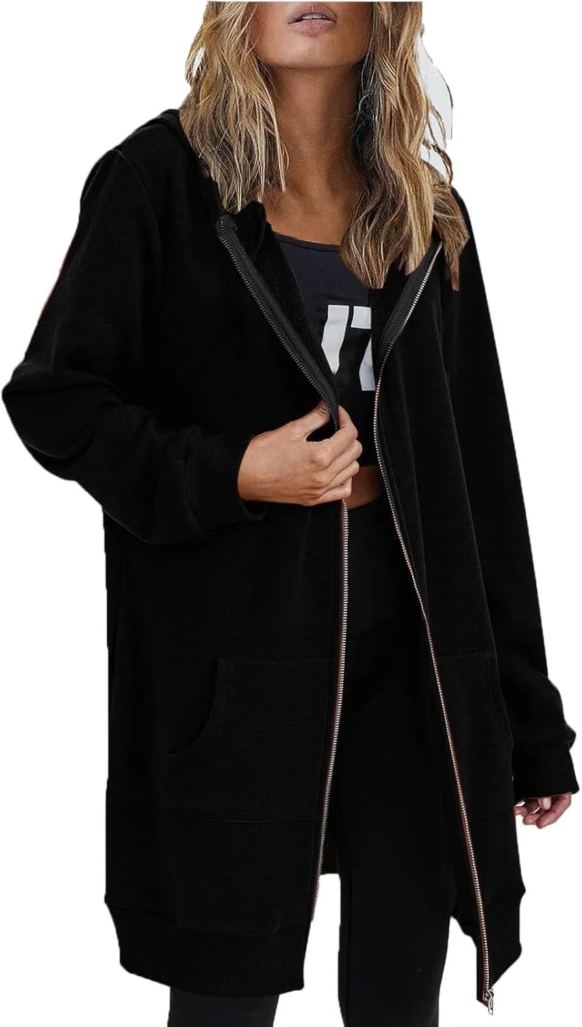 JOFOW zip up hoodie women long jackets for women trendy Casual Drawstring Fleece Sweatshirt Oversized Jackets Coat