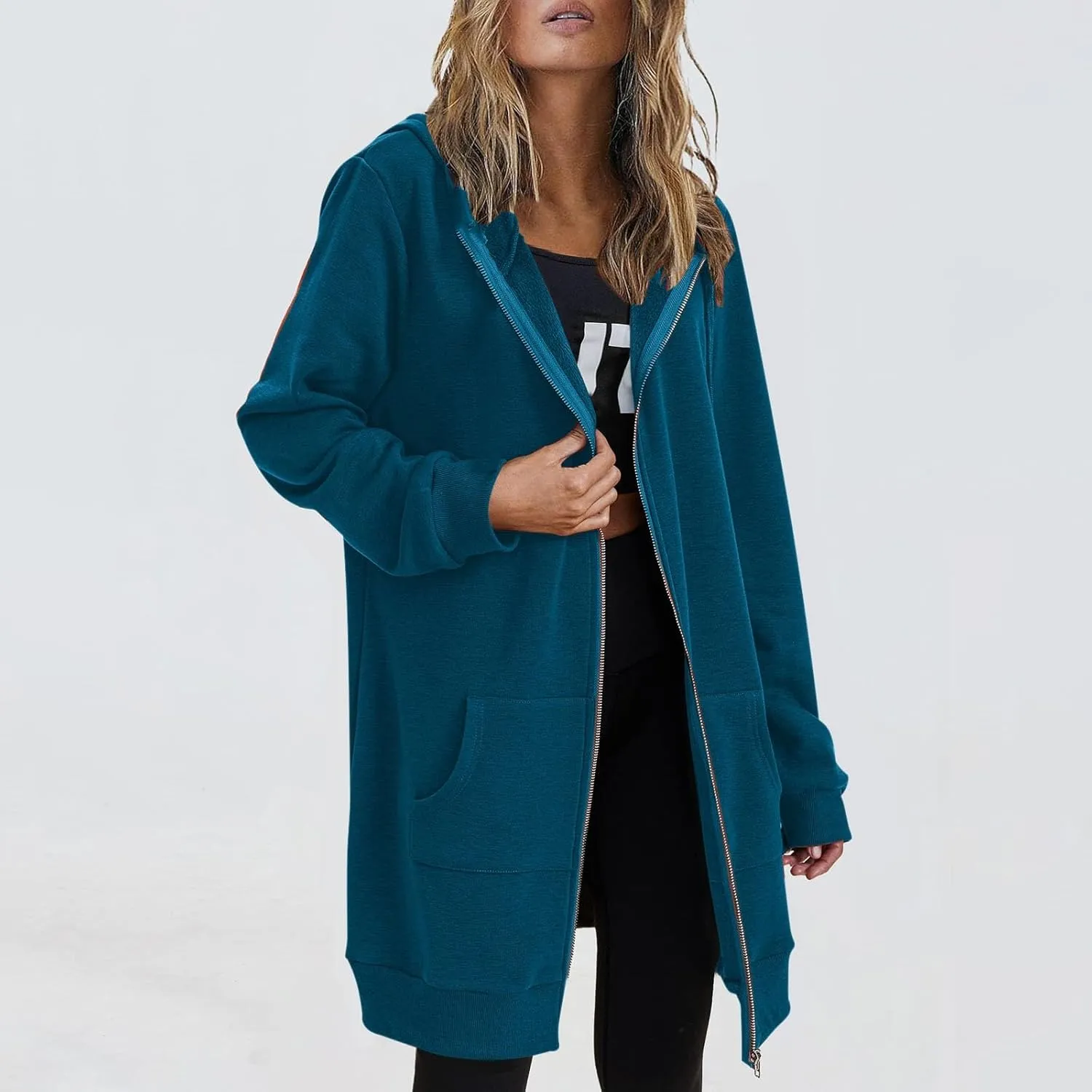 JOFOW zip up hoodie women long jackets for women trendy Casual Drawstring Fleece Sweatshirt Oversized Jackets Coat
