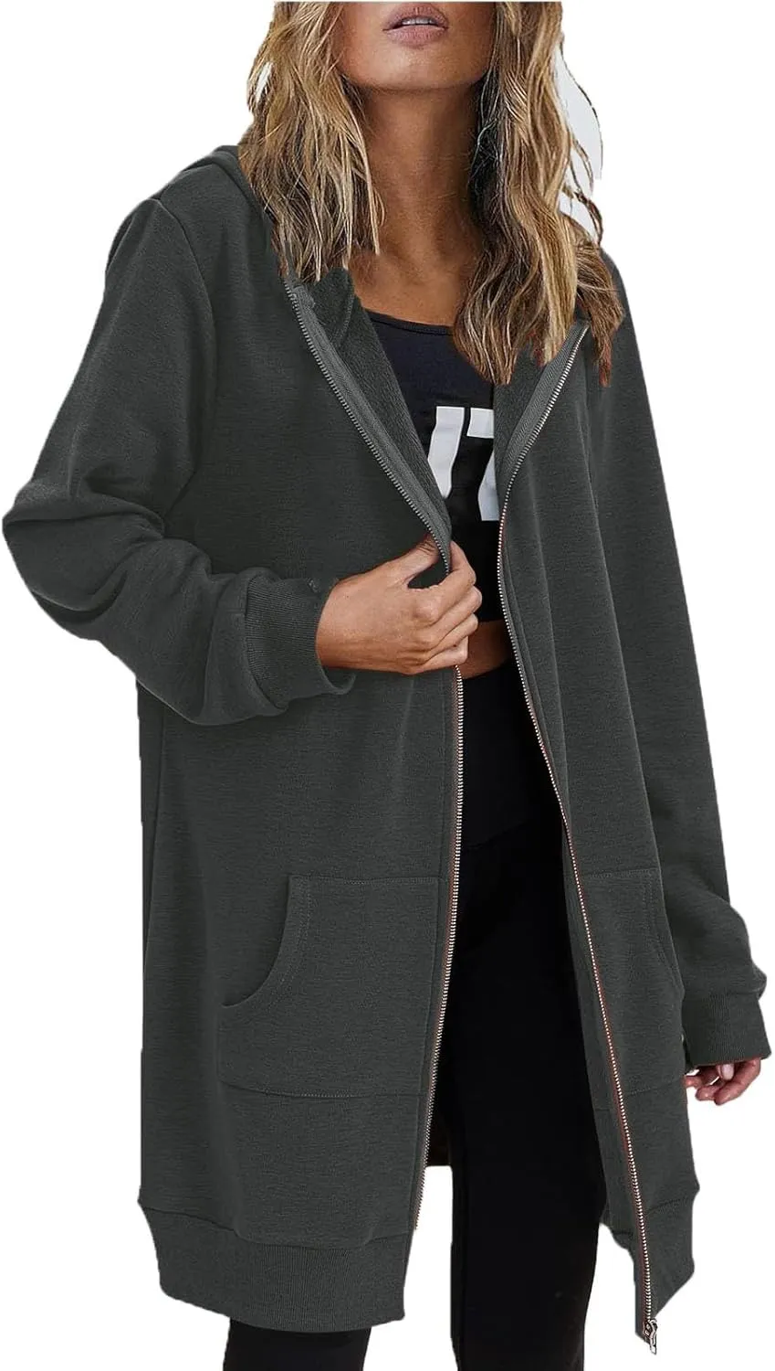JOFOW zip up hoodie women long jackets for women trendy Casual Drawstring Fleece Sweatshirt Oversized Jackets Coat