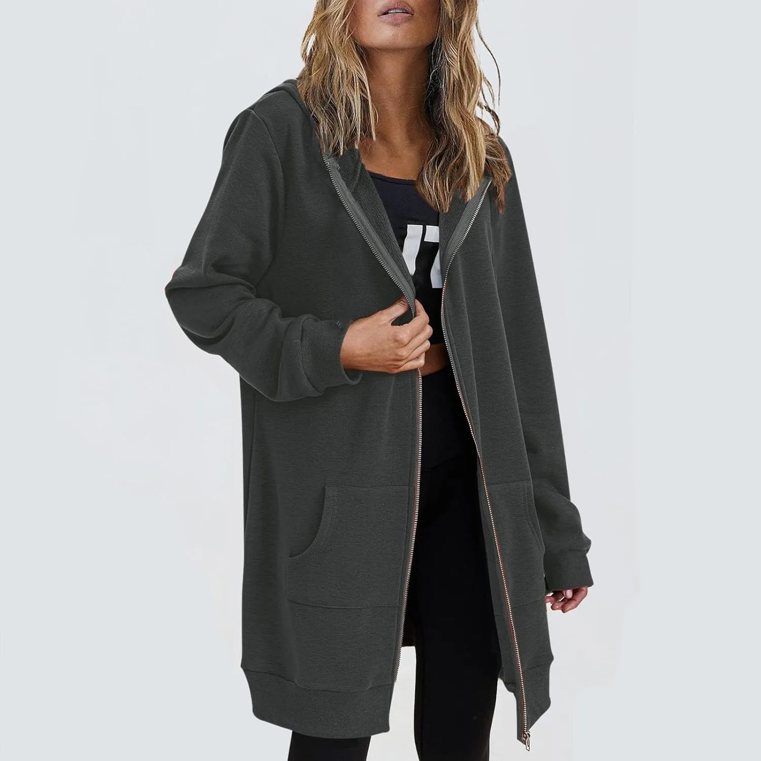JOFOW zip up hoodie women long jackets for women trendy Casual Drawstring Fleece Sweatshirt Oversized Jackets Coat