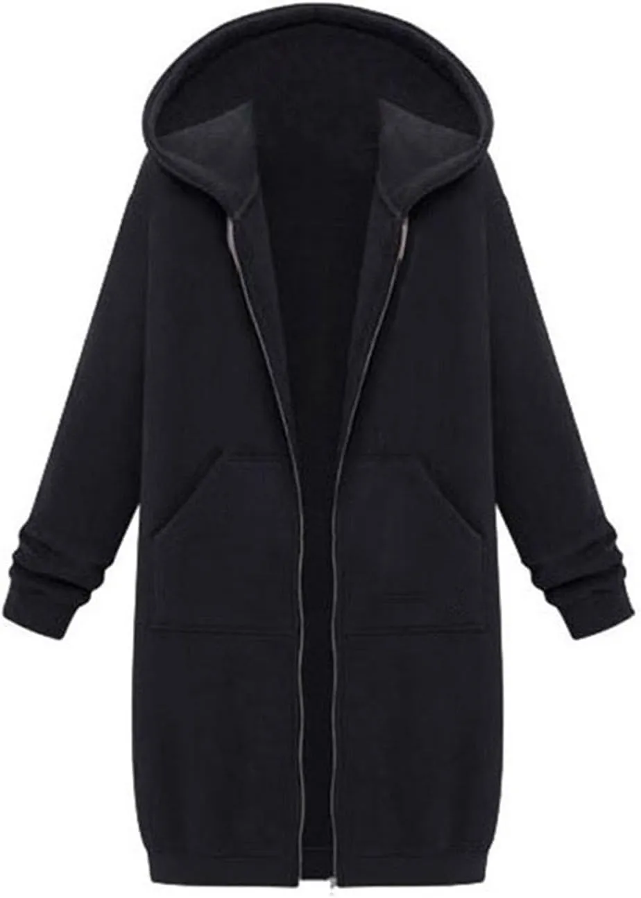 JOFOW zip up hoodie women long jackets for women trendy Casual Drawstring Fleece Sweatshirt Oversized Jackets Coat