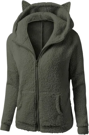 jsaierl Women Fluffy Bear Ears Cute Hooded Jacket Zip Up Hoodie Winter Double Fuzzy Warm Sweatshirt Comfy Outwear Coat