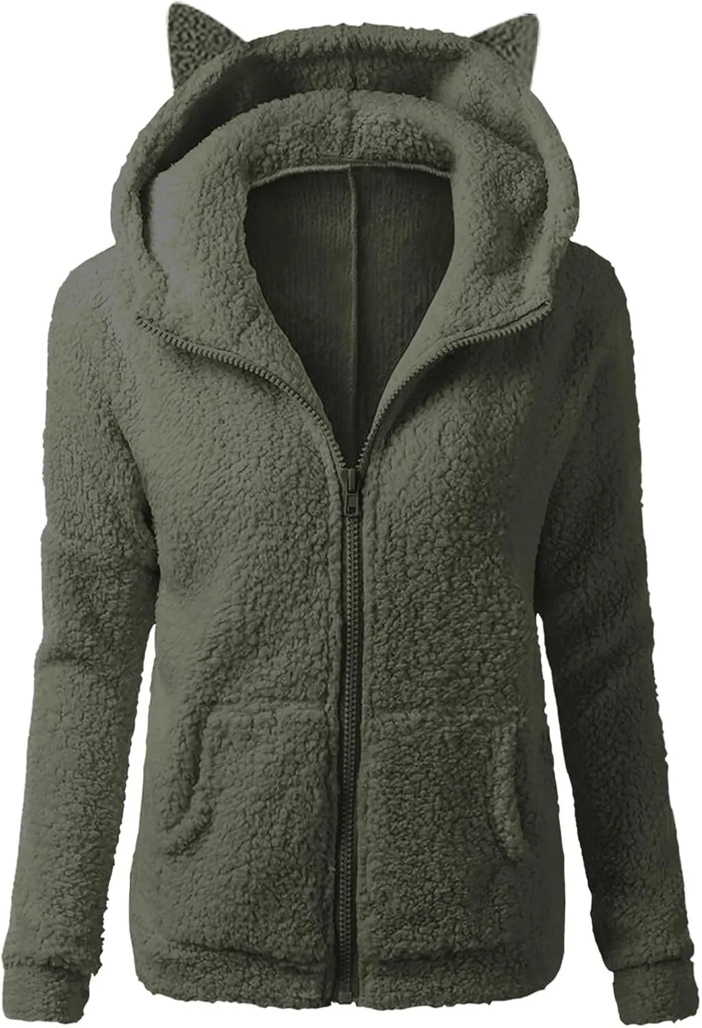 jsaierl Women Fluffy Bear Ears Cute Hooded Jacket Zip Up Hoodie Winter Double Fuzzy Warm Sweatshirt Comfy Outwear Coat