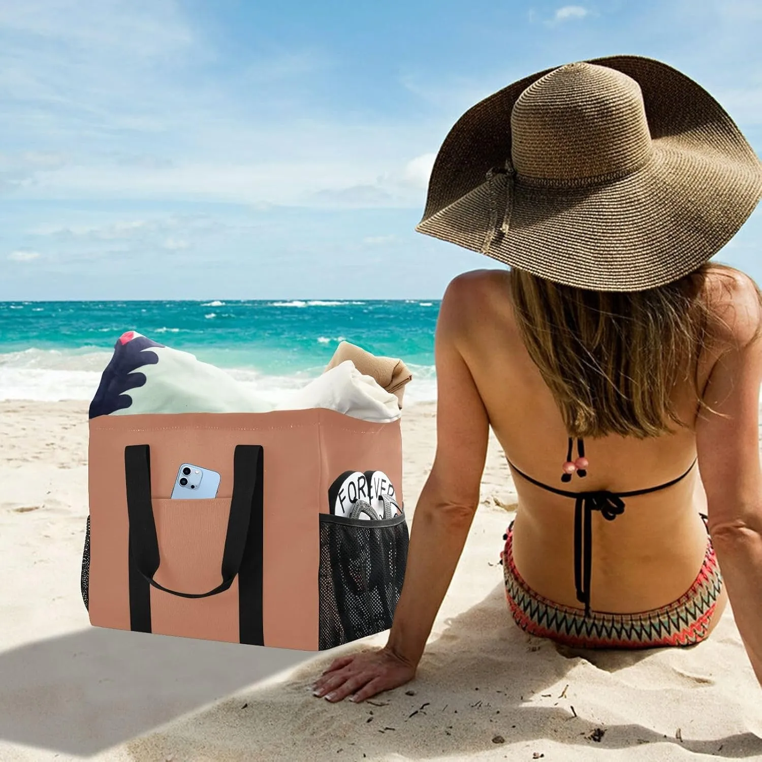 JUNZAN Teal Large Utility Tote Bag Collapsable Beach Bag Waterproof Reusable Grocery Bags with Handles Laundry Tote Bag