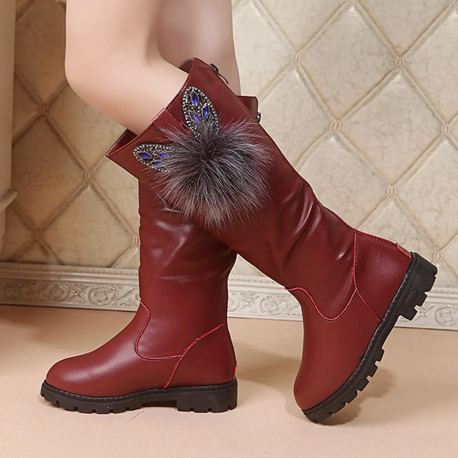 Kids Girls Knee High Heels Boots Leather Lace-Up Waterproof Side Zipper Boots Winter Combat Riding Boots