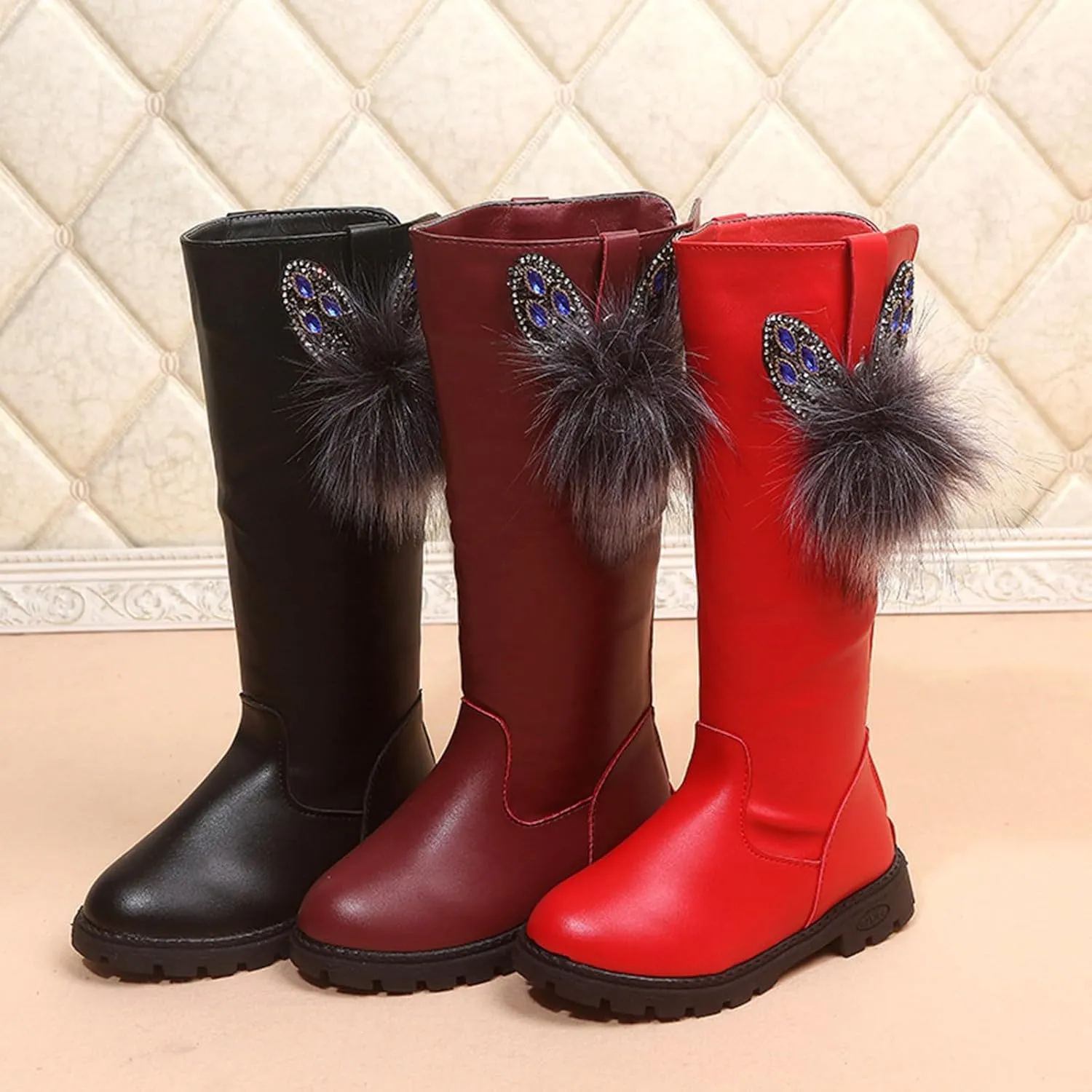 Kids Girls Knee High Heels Boots Leather Lace-Up Waterproof Side Zipper Boots Winter Combat Riding Boots
