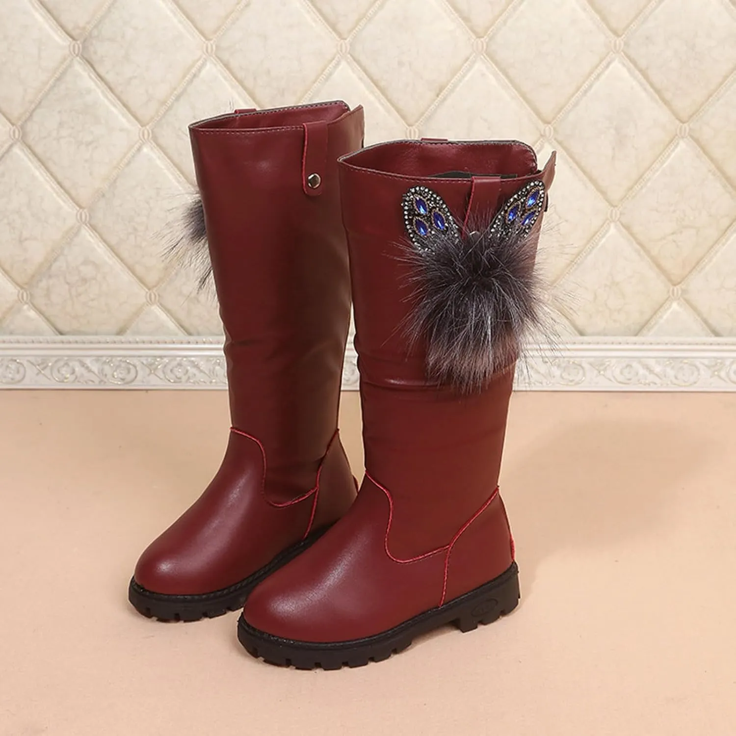 Kids Girls Knee High Heels Boots Leather Lace-Up Waterproof Side Zipper Boots Winter Combat Riding Boots