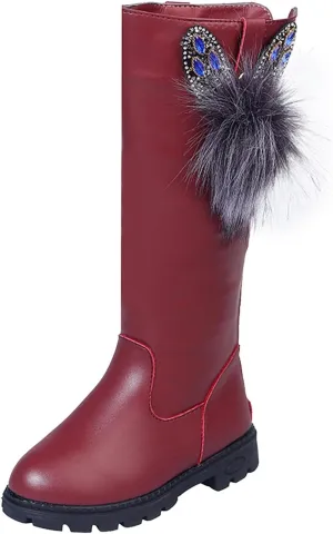 Kids Girls Knee High Heels Boots Leather Lace-Up Waterproof Side Zipper Boots Winter Combat Riding Boots