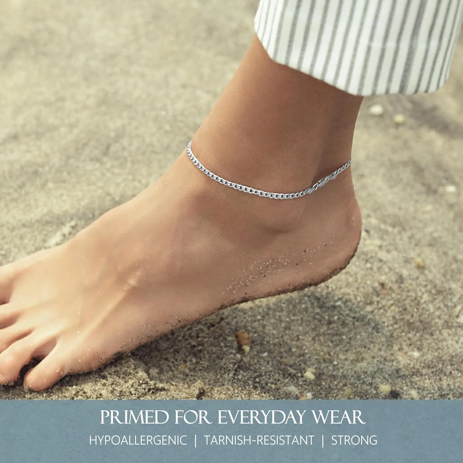KISPER Solid 925 Sterling Silver Ankle Bracelets for Women, Waterproof Tarnish Resistant Anklets, Curb/Rope/Figaro/Mariner Chain, 9, 10, 11 Inch