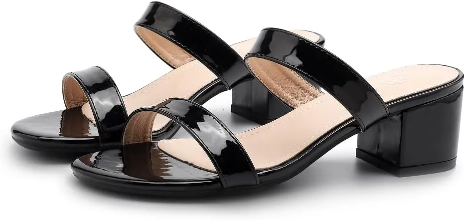 kkdom Round Toe Chunky Heels Sandals-Clear Nude Black Short Heels Two Strap Leather Mule Sandals Slip On Block Heels for Party Dating Daily Work