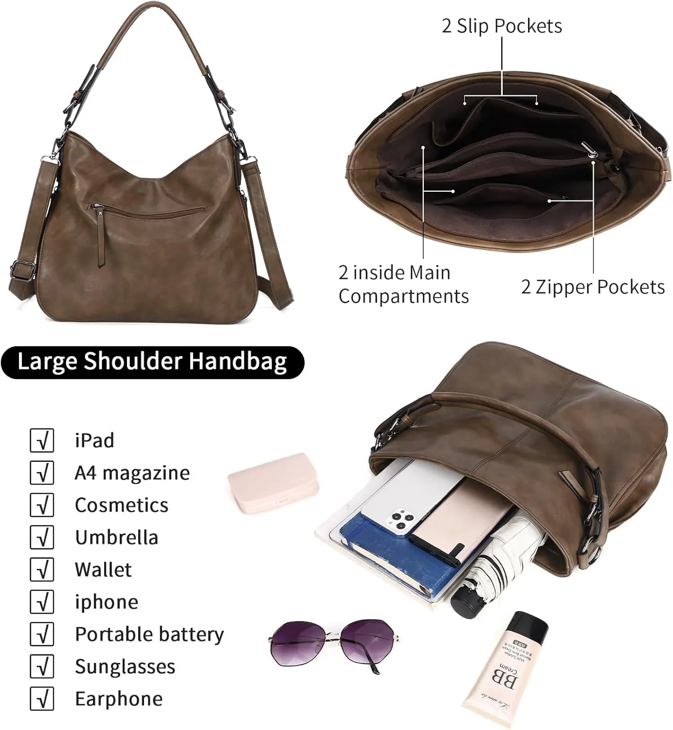 KL928 Large Purses for Women PU Leather Shoulder Handbag Crossbody Hobo Bags Ladies Tote Bags with Adjustable Shoulder Strap