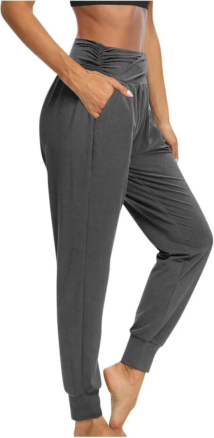Ladies Harem Trousers Crossover Elastic High Waist Stretch Casual Yoga Pants Tapered Leg Lightweight Loungewear Sleep Pant