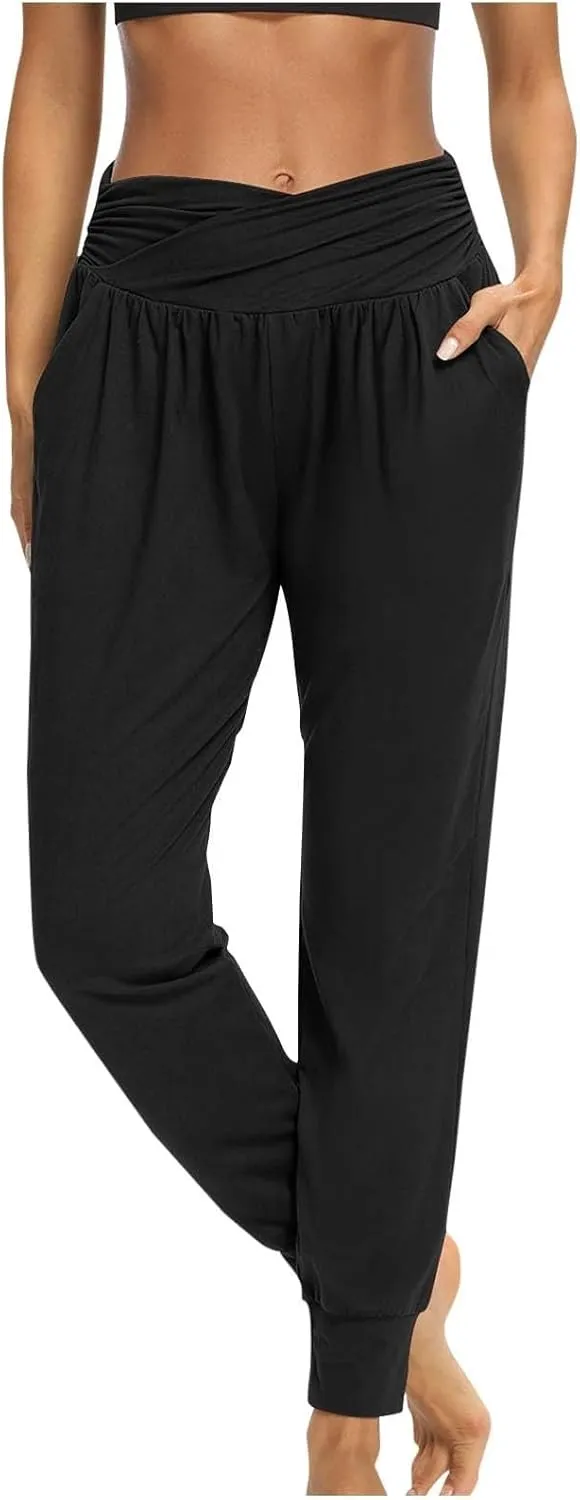 Ladies Harem Trousers Crossover Elastic High Waist Stretch Casual Yoga Pants Tapered Leg Lightweight Loungewear Sleep Pant