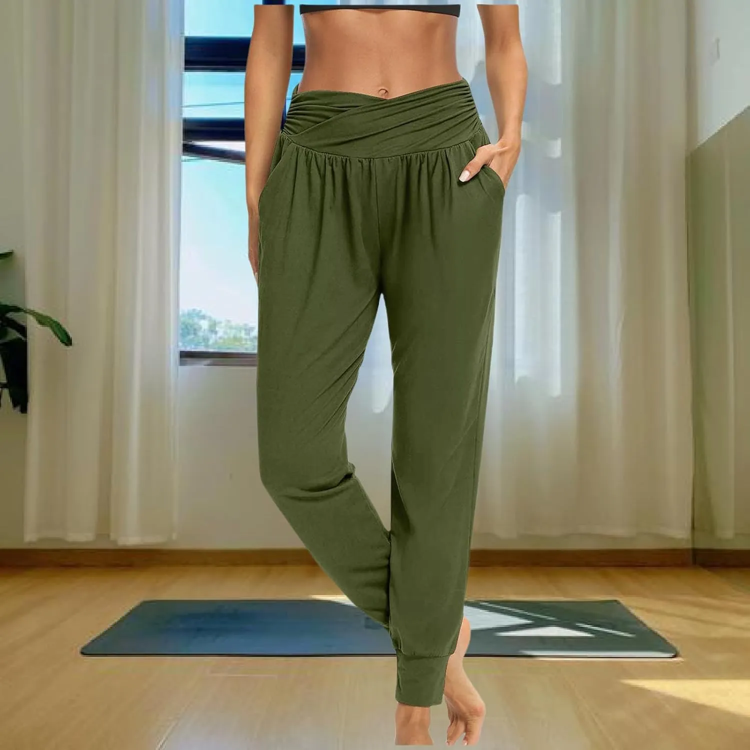 Ladies Harem Trousers Crossover Elastic High Waist Stretch Casual Yoga Pants Tapered Leg Lightweight Loungewear Sleep Pant