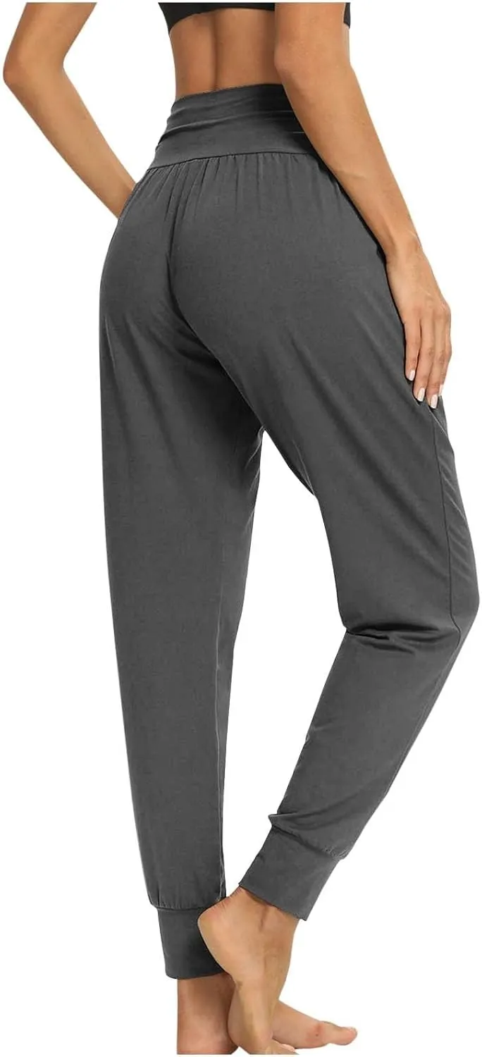 Ladies Harem Trousers Crossover Elastic High Waist Stretch Casual Yoga Pants Tapered Leg Lightweight Loungewear Sleep Pant