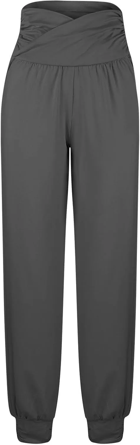Ladies Harem Trousers Crossover Elastic High Waist Stretch Casual Yoga Pants Tapered Leg Lightweight Loungewear Sleep Pant