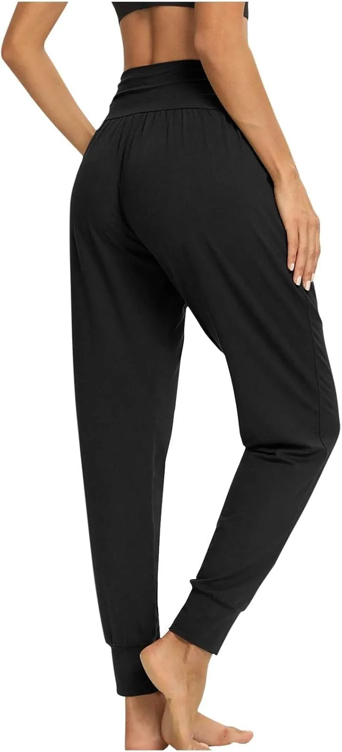 Ladies Harem Trousers Crossover Elastic High Waist Stretch Casual Yoga Pants Tapered Leg Lightweight Loungewear Sleep Pant