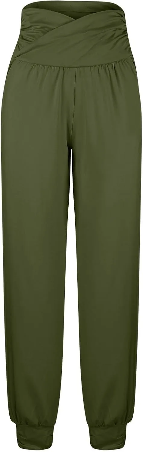 Ladies Harem Trousers Crossover Elastic High Waist Stretch Casual Yoga Pants Tapered Leg Lightweight Loungewear Sleep Pant