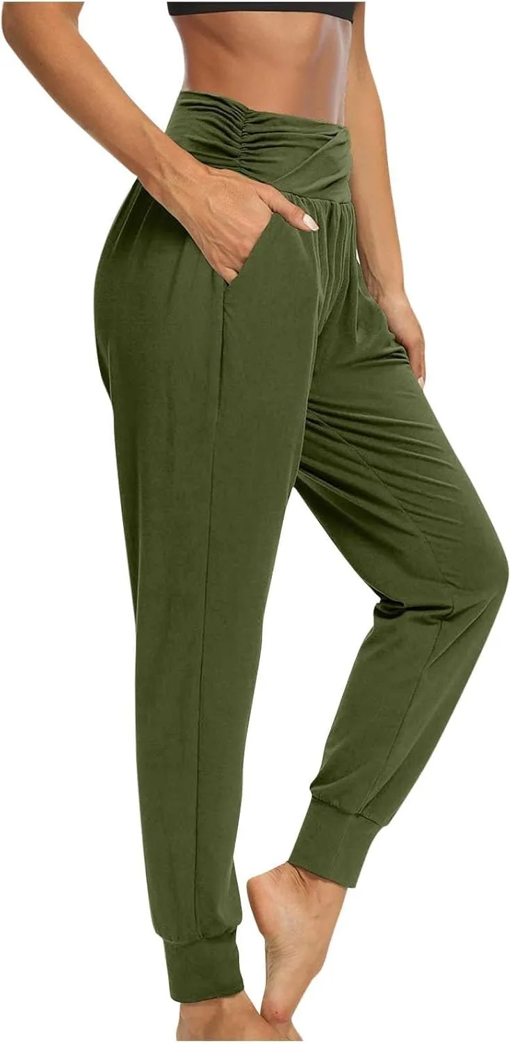Ladies Harem Trousers Crossover Elastic High Waist Stretch Casual Yoga Pants Tapered Leg Lightweight Loungewear Sleep Pant