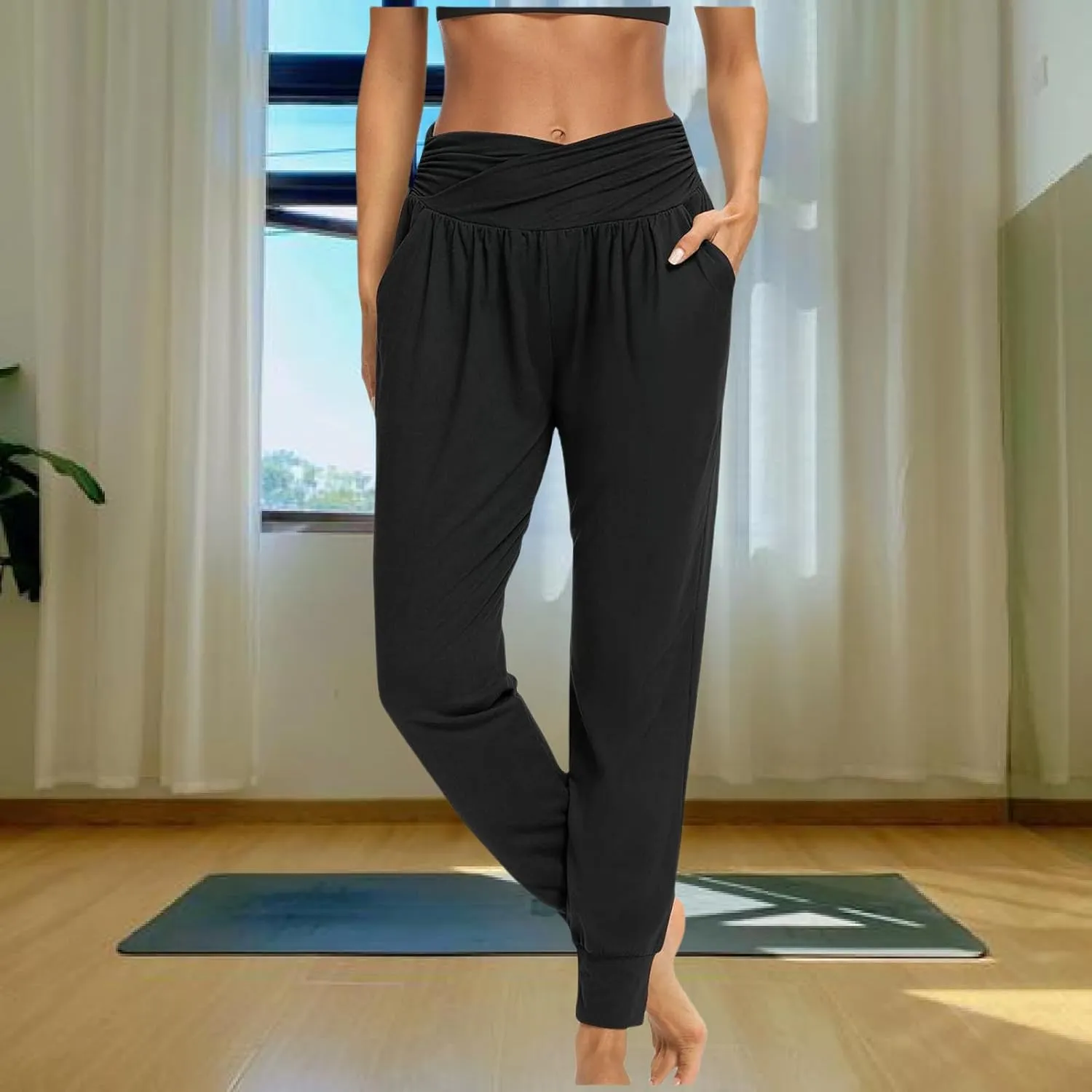 Ladies Harem Trousers Crossover Elastic High Waist Stretch Casual Yoga Pants Tapered Leg Lightweight Loungewear Sleep Pant