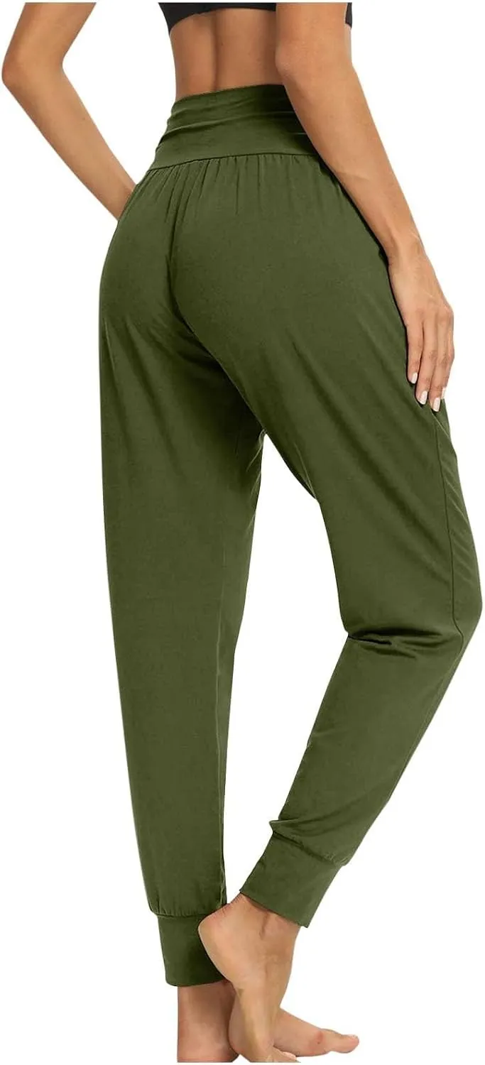 Ladies Harem Trousers Crossover Elastic High Waist Stretch Casual Yoga Pants Tapered Leg Lightweight Loungewear Sleep Pant