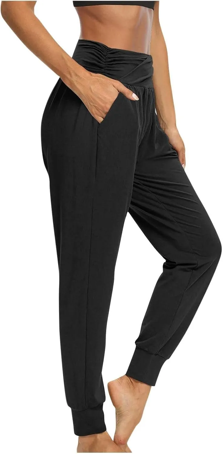Ladies Harem Trousers Crossover Elastic High Waist Stretch Casual Yoga Pants Tapered Leg Lightweight Loungewear Sleep Pant
