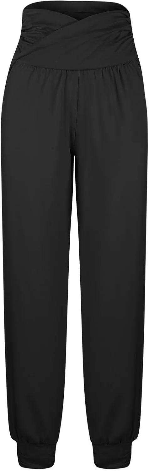 Ladies Harem Trousers Crossover Elastic High Waist Stretch Casual Yoga Pants Tapered Leg Lightweight Loungewear Sleep Pant