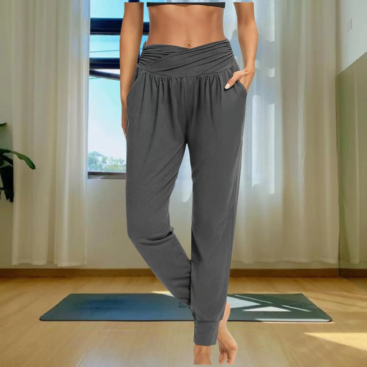 Ladies Harem Trousers Crossover Elastic High Waist Stretch Casual Yoga Pants Tapered Leg Lightweight Loungewear Sleep Pant