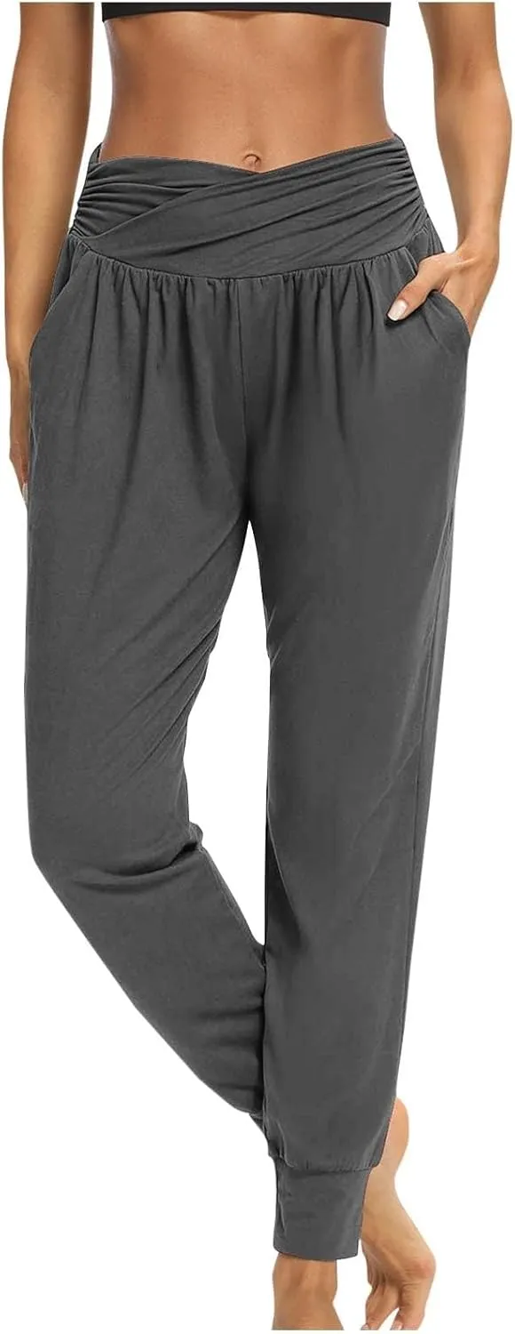 Ladies Harem Trousers Crossover Elastic High Waist Stretch Casual Yoga Pants Tapered Leg Lightweight Loungewear Sleep Pant