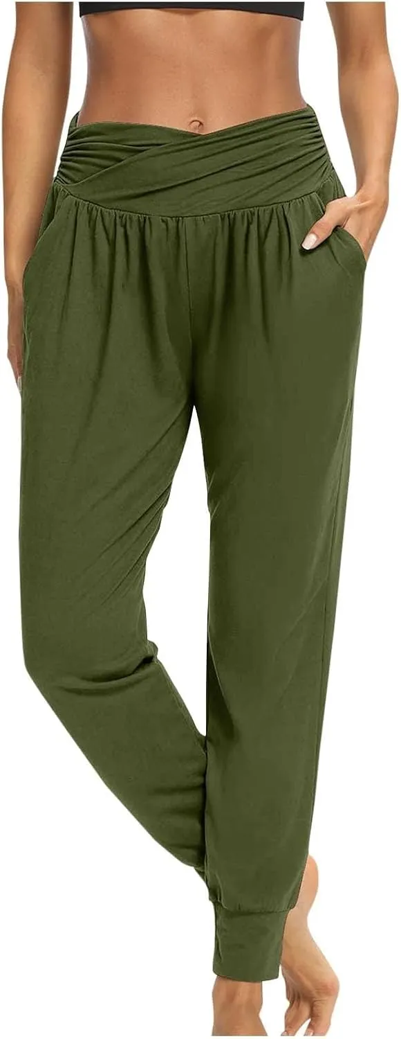 Ladies Harem Trousers Crossover Elastic High Waist Stretch Casual Yoga Pants Tapered Leg Lightweight Loungewear Sleep Pant