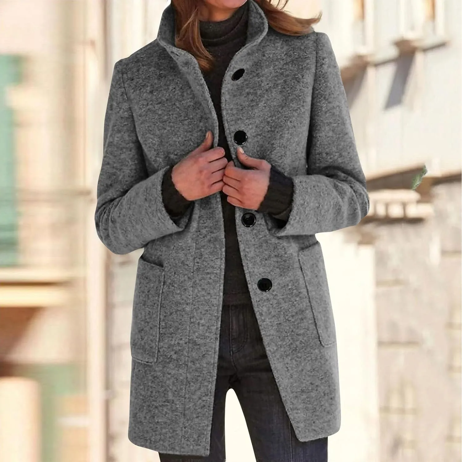 Ladies Solid Color Jacket Winter Button Up Trendy Long Sleeve Hooded 2024 Tweed Jacket Loose Comfy Outerwear With Pocket