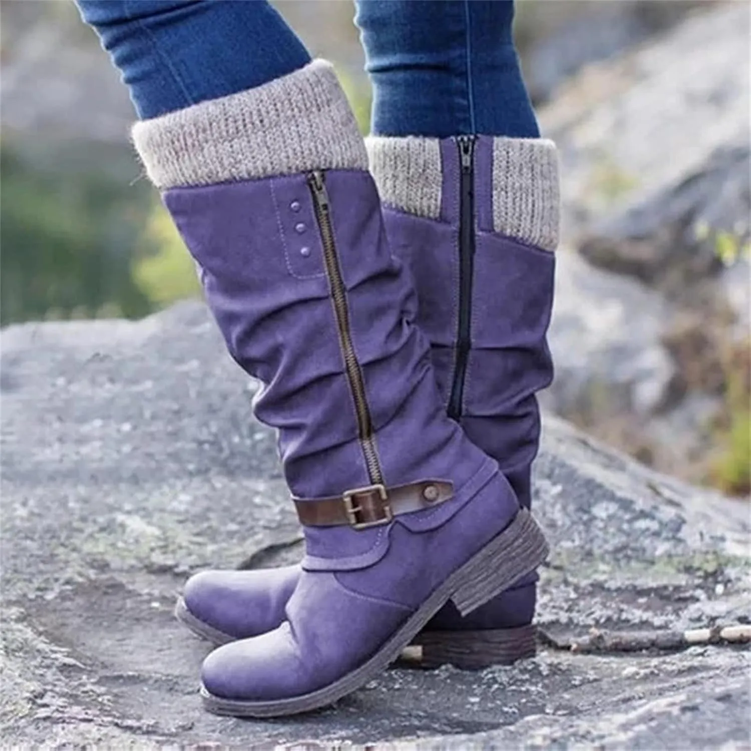 Ladmiple Boots For Women 2024 Low Heel Mid Calf Round-Toe Side Zip Punk Combat Boots Motorcycle Riding Biker Ankle Booties