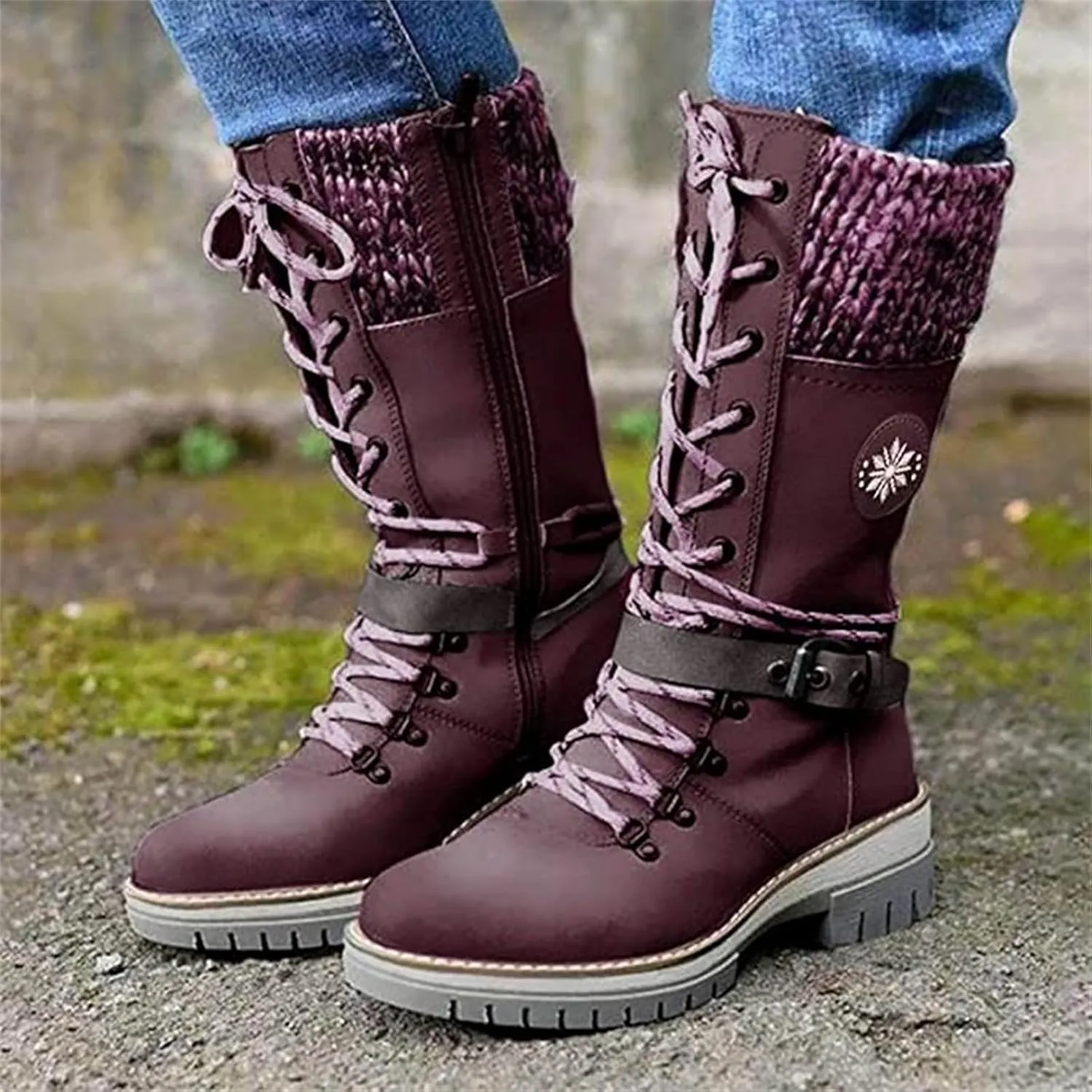 Ladmiple Fall Boots For Women 2024 Wide Calf Mid Calf Ankle Booties Side Zipper Low Heel Motorcycle Combat Riding Biker Boots