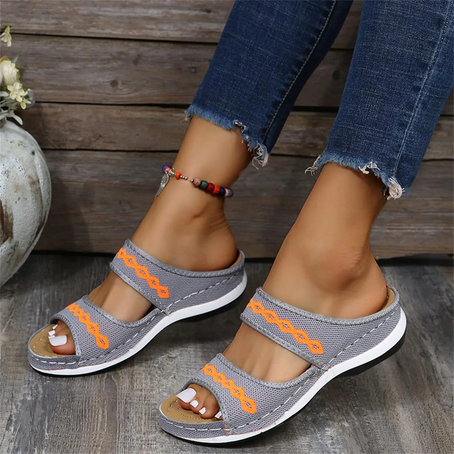 Ladmiple Fashion Sandals Women Dressy Summer Flat Orthotic Slides Comfortable Walking Orthopedic Flip Flops with Arch Support