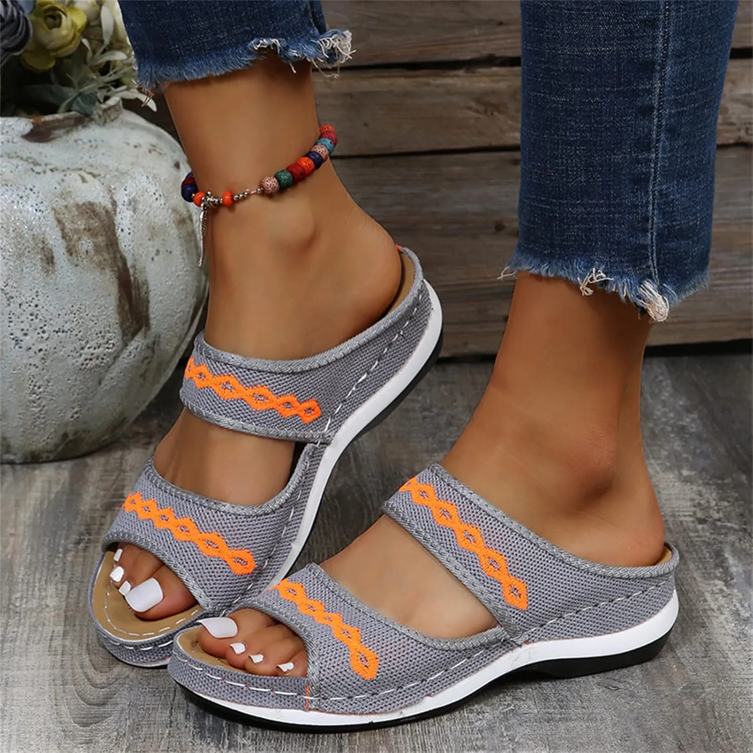 Ladmiple Fashion Sandals Women Dressy Summer Flat Orthotic Slides Comfortable Walking Orthopedic Flip Flops with Arch Support