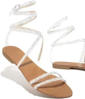 Ladmiple Sandals for Women 2023 Fashion Strappy Crystal Sandals Casual Beach Party Open Toe Flats Sandal Dressy Summer