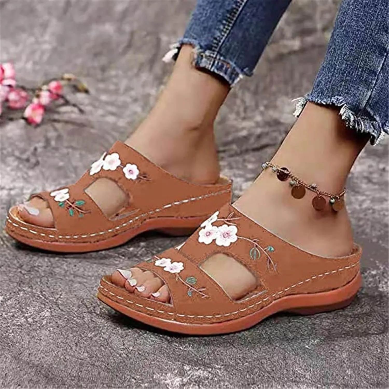 Ladmiple Sandals Women 2023 Fashion Floral Orthopedic Flip Flops with Arch Support Slippers Roman Casual Open Toe Shoes
