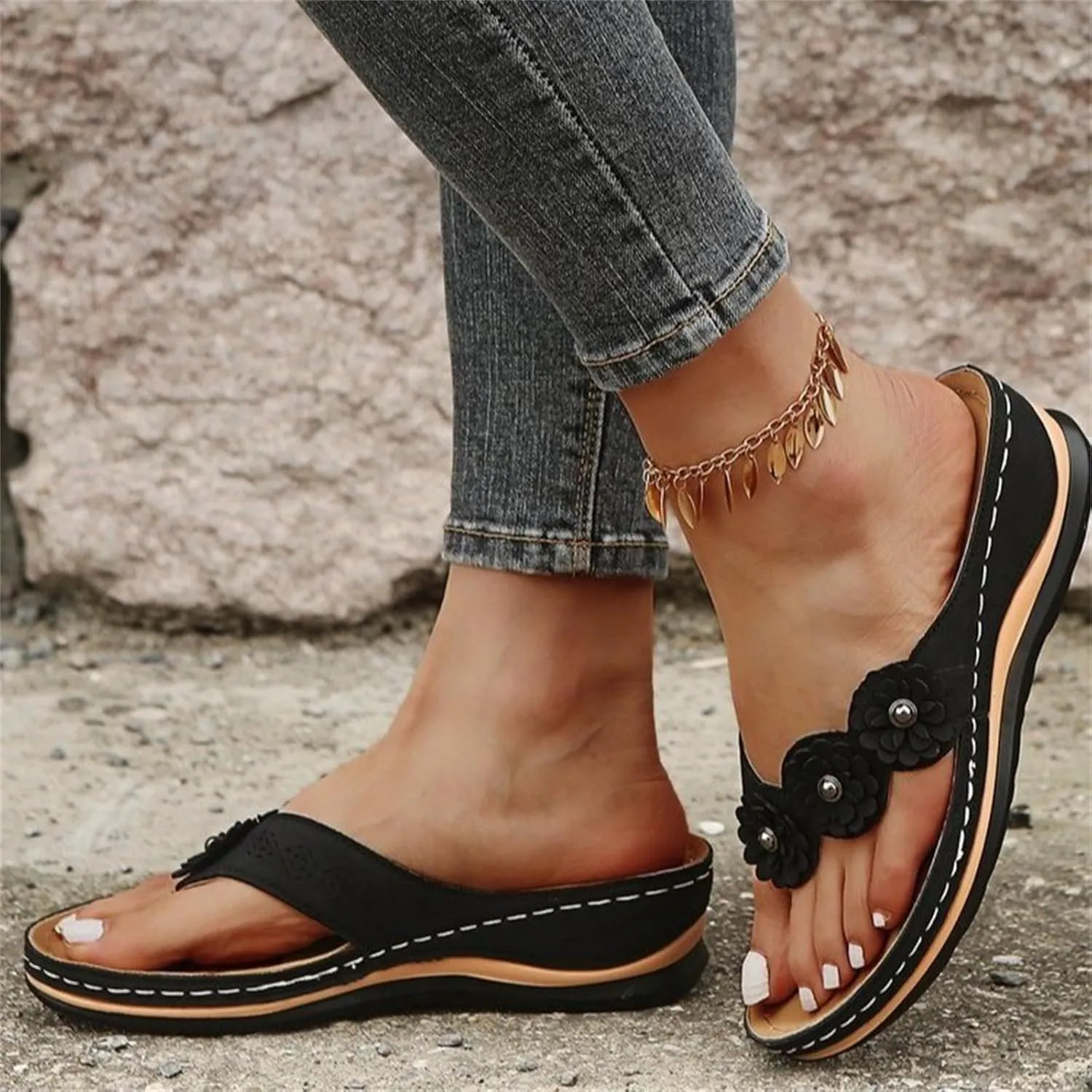 Ladmiple Sandals Women Comfortable Cute Wedge Fashion Orthotic Slides Arch Support Slip On Orthopedic Flip Flops Slippers