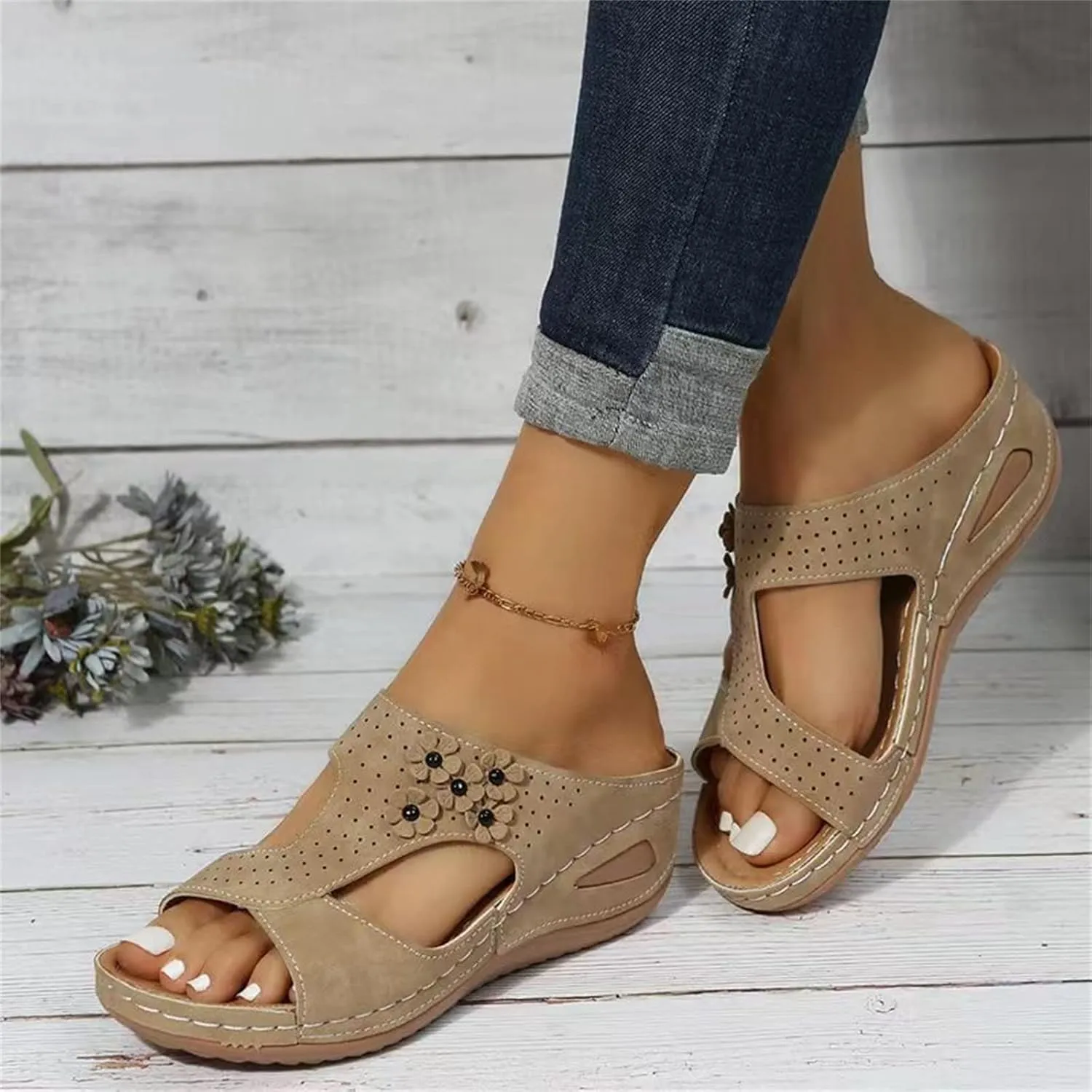 Ladmiple Sandals Women Wedge Low Heel Fashion Orthotic Slides Slip On Flip Flops With Comfort Plantar Fasciitis Arch Support