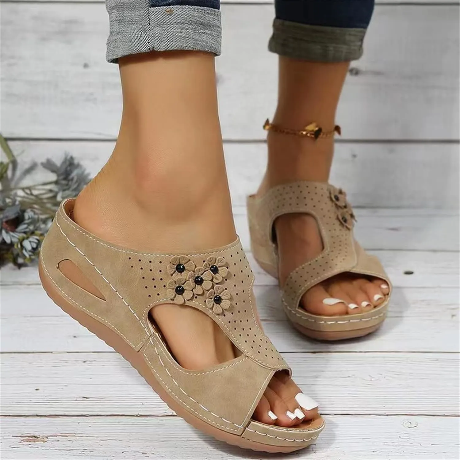 Ladmiple Sandals Women Wedge Low Heel Fashion Orthotic Slides Slip On Flip Flops With Comfort Plantar Fasciitis Arch Support