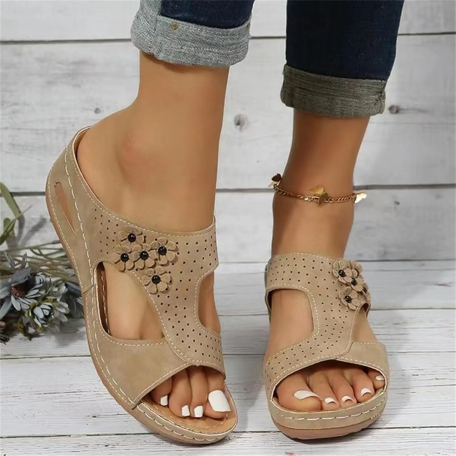 Ladmiple Sandals Women Wedge Low Heel Fashion Orthotic Slides Slip On Flip Flops With Comfort Plantar Fasciitis Arch Support
