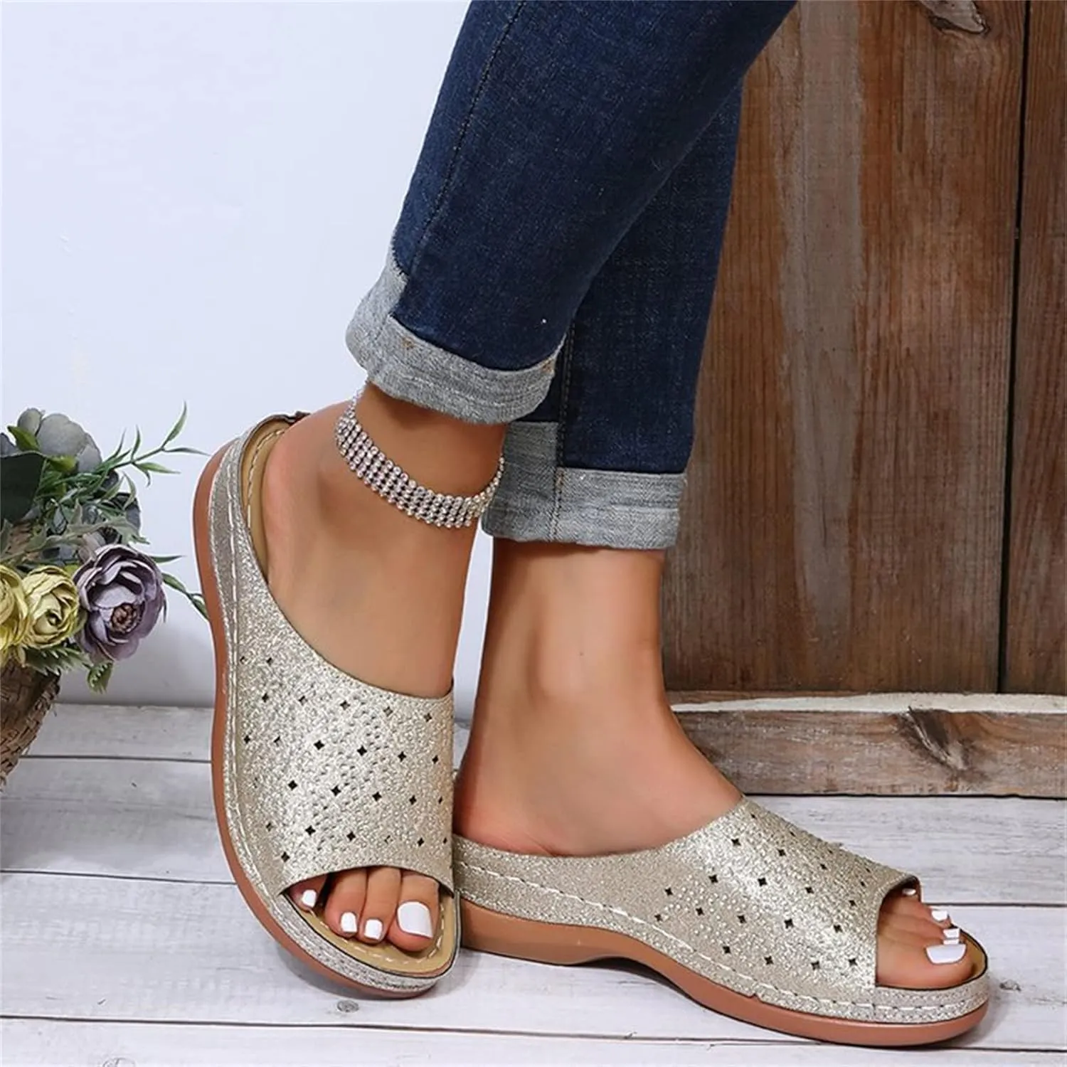 Ladmiple Womens Casual Summer Fashion Sparkly Orthopedic Wedge Flip Flops with Arch Support Roman Open Toe Slipper Shoes
